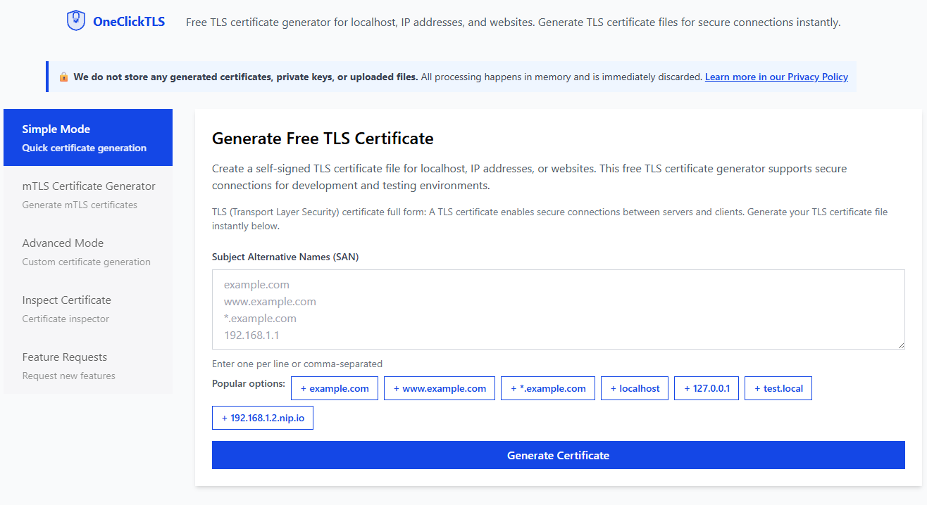 OneClickTLS online certificate generator