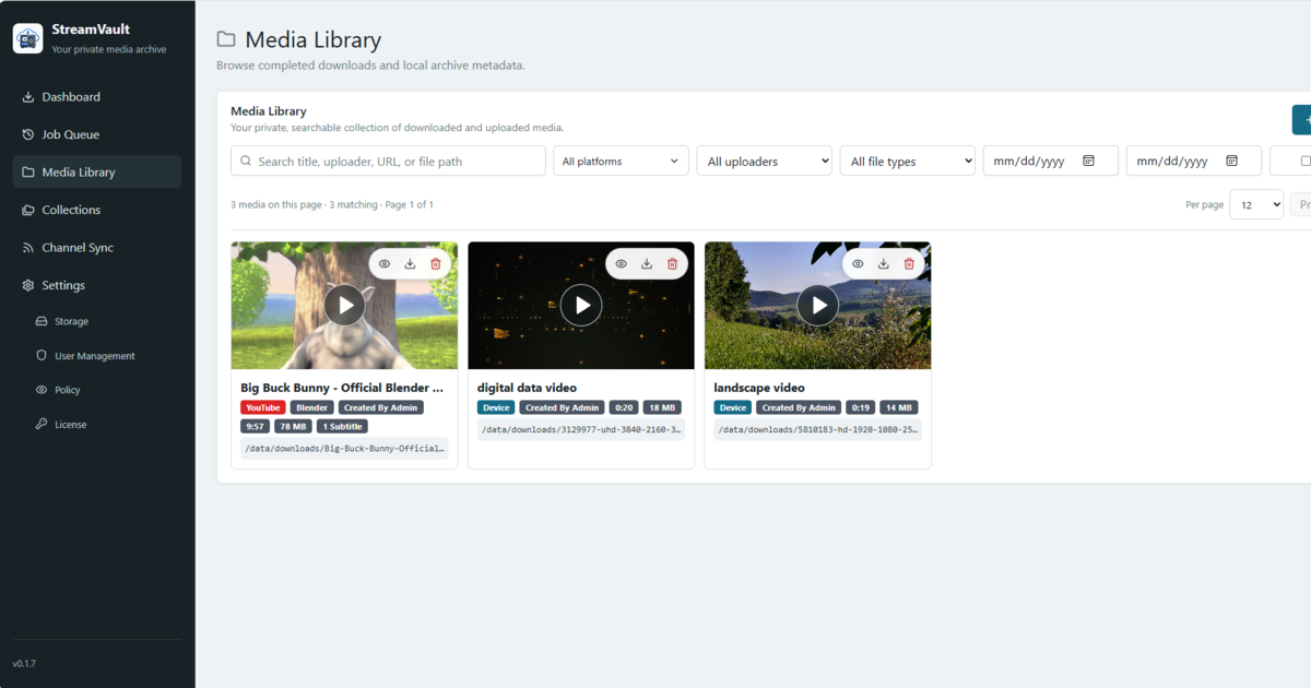 StreamVault self-hosted media library with downloaded and uploaded videos