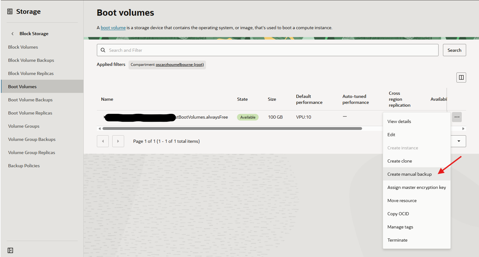 OCI backup boot volume