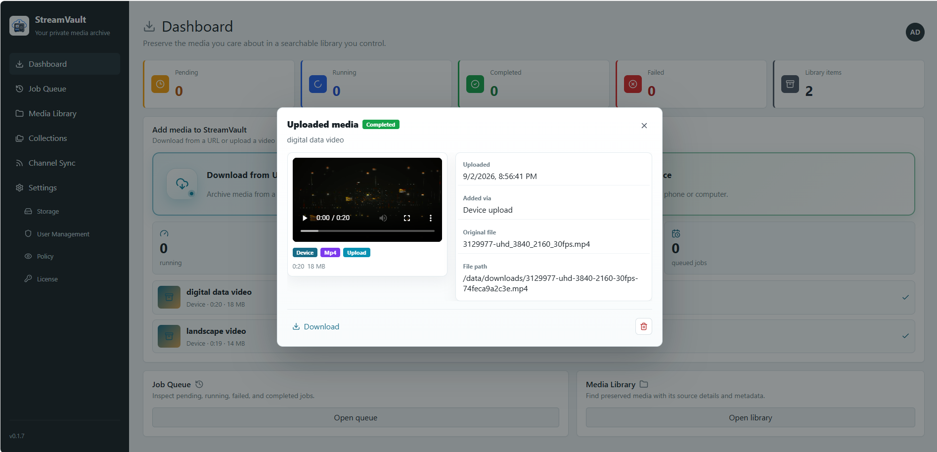 A completed device upload with playback and stored file details