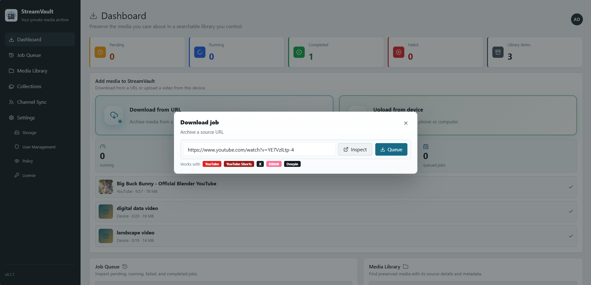 Create a StreamVault download job from a supported public URL