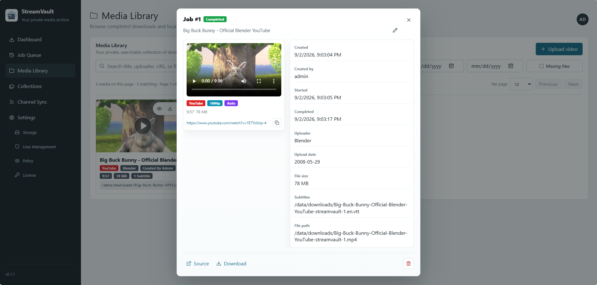 StreamVault media details with browser playback, source metadata, subtitles, and file information