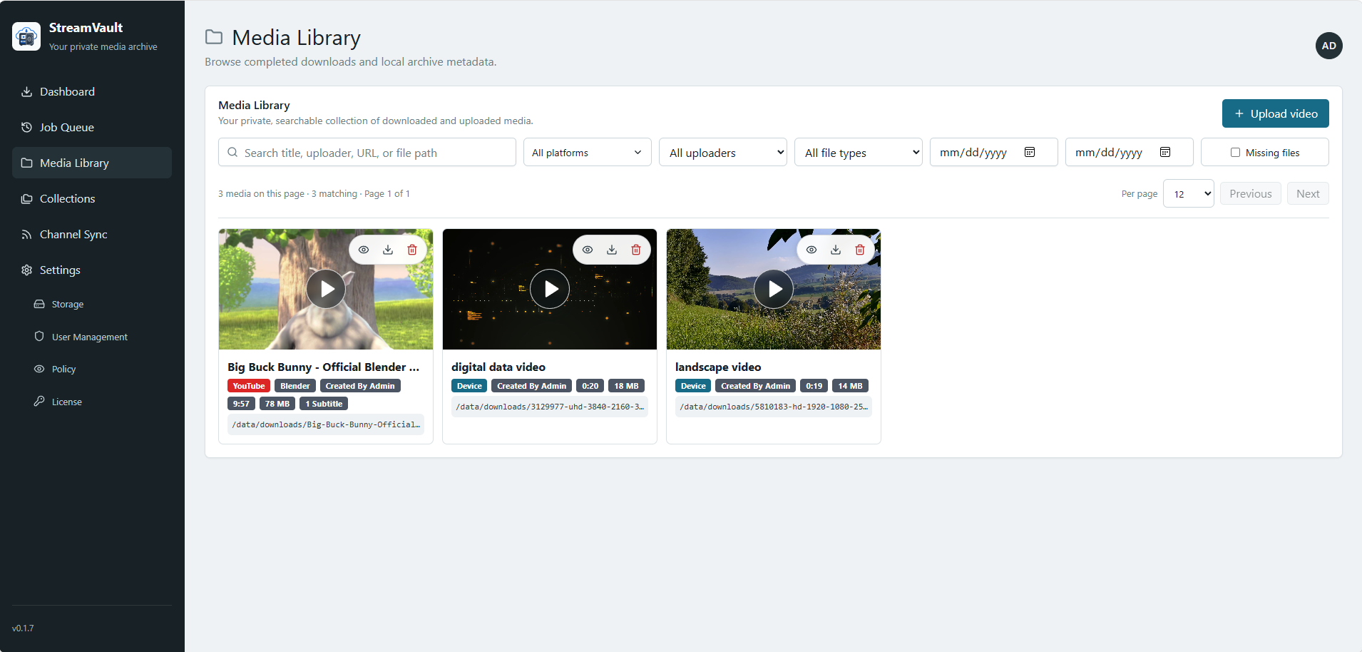 StreamVault media library with downloaded and uploaded videos