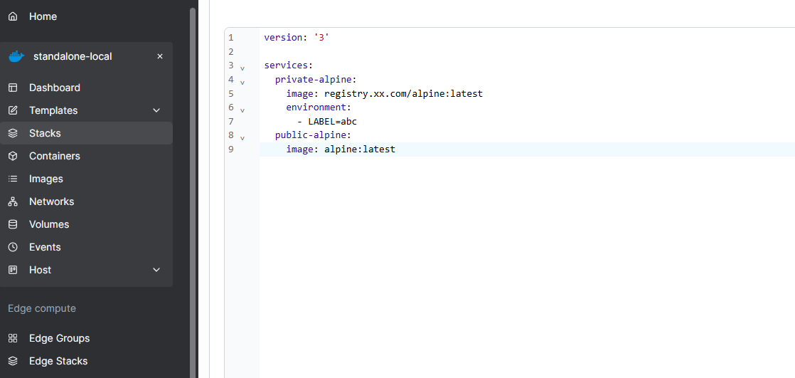 Portainer stack setup for pull testing