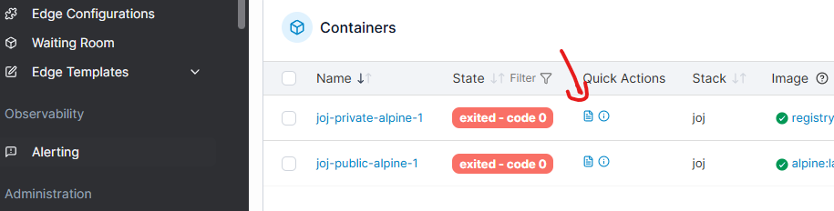 Portainer service logs showing build ID