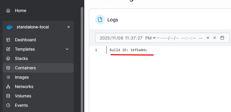 Portainer service logs showing build ID