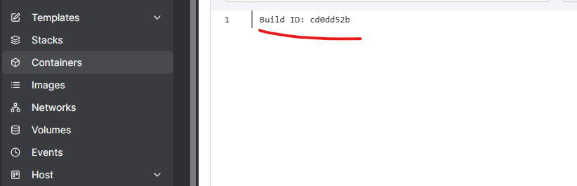 Portainer service logs showing new build ID